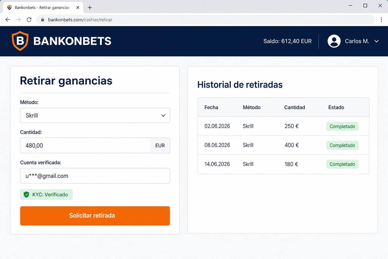 Interfaccia prelievi Bankonbet App